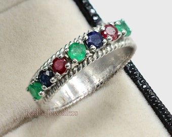 Natural Ruby Emerald Sapphire Mix Stone Ring, 925 Sterling Silver, Half Eternity Band, Birthstone Ring, Wedding Ring, Gift For Girlfriend