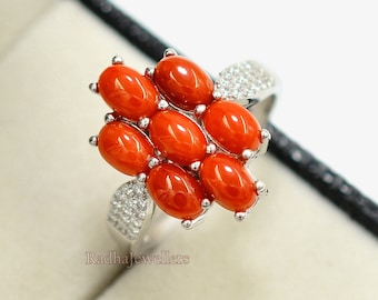 Natural Coral Ring, 925 Sterling Silver Ring, Cluster Ring, May Birthstone, Statement Ring, Coral Jewelry, Red Stone Ring, Engagement Ring