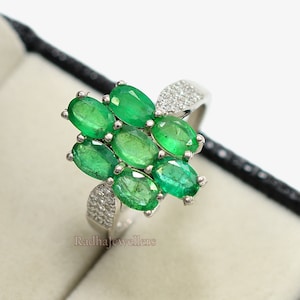 Natural Zambian Emerald Ring, 925 Sterling Silver, May Birthstone, Statement Ring, Emerald Jewelry, Cluster Ring, Wedding Ring, Gift For Her