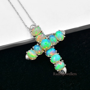 Natural Ethiopian Welo Opal Cabochon Pendant Necklace, 925 Sterling Silver, Holy Cross Pendant, October Birthstone, Birthday Gift For Her
