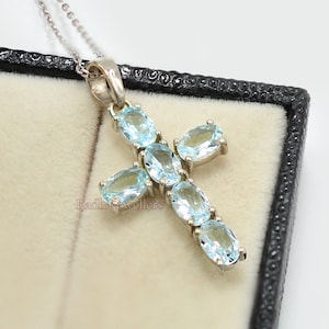 925 Sterling Silver, Natural Aquamarine Pendant Necklace, Holy Cross Pendant, March Birthstone, Charm Pendant, Bridal Pendant, Gift For Her