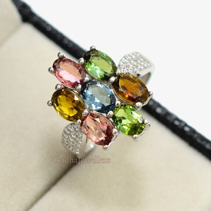 Natural Multi Tourmaline Ring, 925 Sterling Silver, October Birthstone, Tourmaline Jewelry, Statement Ring, Anniversary Gift, Gift For Her