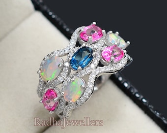 Natural Opal London Blue Topaz Pink Topaz Multi Stone Ring, 925 Sterling Silver, Statement Ring, Wedding Ring, Engagement Ring, Gift For Her