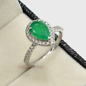 10X7 MM Pear Cut Natural Emerald Ring, 925 Sterling Silver, Halo Ring, May Birthstone, Emerald Jewelry, Green Stone Ring, Engagement Ring