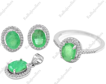 Conjunto de joyas de esmeralda natural de 8 x 6 mm, plata de ley 925, conjunto de joyas de esmeralda, piedra de nacimiento de mayo, conjunto de joyas de anillo, pendiente y colgante, regalo para ella