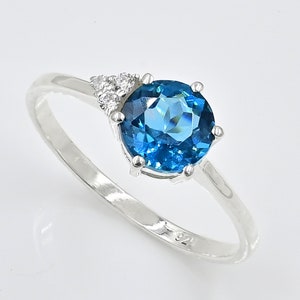 7 MM Round Shape, Natural London Blue Topaz Ring, 925 Sterling Silver, December Birthstone, Solitaire Ring, Engagement Ring, Gift For Her