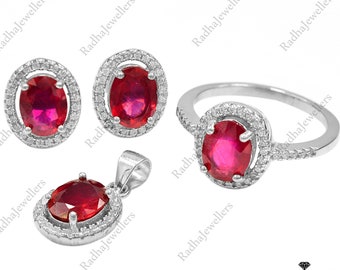 Natural Ruby Ring Earrings Pendant Jewelry Set, 925 Sterling Silver, Ruby Jewelry Set, July Birthstone, Wedding Jewelry Set, Gift For Her