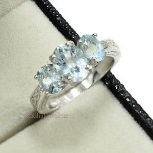 Natural Aquamarine Ring, 925 Sterling Silver Ring, Three Stone Ring, March Birthstone, Aquamarine Jewelry, Christmas Gift Her, Gift For Her