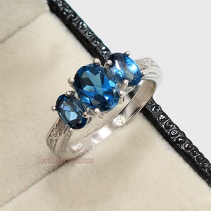 Natural London Blue Topaz Ring, 925 Sterling Silver Ring, Three Stone Ring, December Birthstone,  Ring, Christmas Gift, Gift For Her