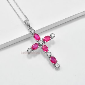 Natural Ruby Pendant Necklace,  925 Sterling Silver, Holy Cross Pendant, July Birthstone, Red Stone Pendant, Birthday Gift, Gift For Her
