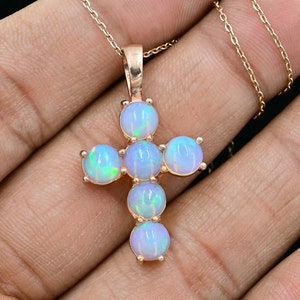 Natural Ethiopian Welo Opal Cab Pendant Necklace, 925 Sterling Silver, Holy Cross Pendant, October Birthstone, Charm Pendant, Gift For Her