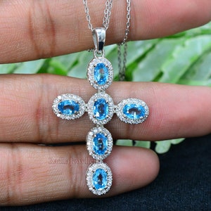 Natural Cambodian Blue Zircon Pendant Necklace, 925 Sterling Silver, December Birthstone, Birthday Gift, Holy Cross Pendant, Gift For Her
