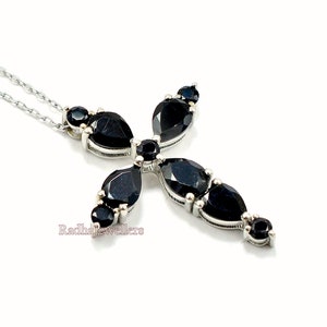 925 Sterling Silver, Natural Black Spinel Pendant Necklace, Holy Cross Pendant, August Birthstone,  Black Spinel Women Jewelry, Gift For Her