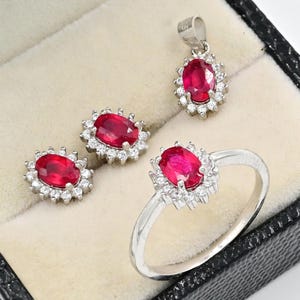 Zestaw biżuterii z naturalnym owalnym rubinem o szlifie 6 x 4 mm, srebro próby 925, pierścionek z pojedynczym kamieniem, kamień urodzinowy lipca, delikatny wisiorek, biżuteria damska, prezent dla niej