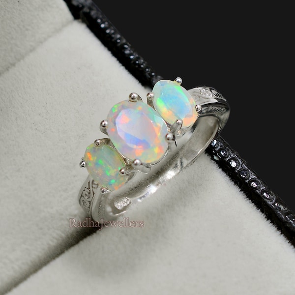 Natural Ethiopian Welo Opal Cut Ring, 925 Sterling Silver, October Birthstone, Three Stone Ring, Opal Jewelry, Christmas Gift, Gift For Her