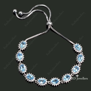 Natural Swiss Blue Topaz Bracelet, 925 Sterling Silver Bracelet, December Birthstone, Topaz Jewelry, Adjustable Bolo Bracelet, Gift For Her