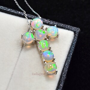 Natural Ethiopian Welo Opal Cabochon Holy Cross Pendant Necklace, 925 Sterling Silver, October Birthstone, Charm Pendant, Gift For Her Women