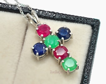5 MM Natural Ruby Emerald Sapphire Pendant Necklace, 925 Sterling Silver, Holy Cross Pendant,  Pendant, Charm Pendant, Gift For Her