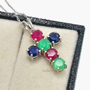 5 MM Natural Ruby Emerald Sapphire Pendant Necklace, 925 Sterling Silver, Holy Cross Pendant,  Pendant, Charm Pendant, Gift For Her