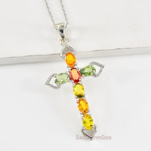 Holy Cross Pendant, 6x4 MM Natural Multi Sapphire Pendant Necklace, 925 Sterling Silver, Charm Pendant, September Birthstone, Gift For Her