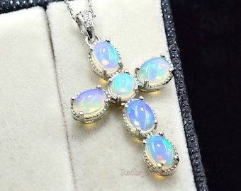 Natural Ethiopian Welo Opal Cabochon Pendant Necklace, 925 Sterling Silver, Holy Cross Pendant, October Birthstone, Gift For Girlfriend