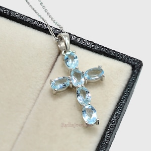 6x4 MM Natural Aquamarine Holy Cross Pendant Necklace, 925 Sterling Silver, Gemstone Pendant, March Birthstone, Charm Pendant, Gift For Her