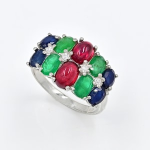 Natuurlijke robijn cabochon Zambiaanse smaragd saffier mix stenen ring, 925 sterlingzilver, statement ring, clusterring, trouwring, cadeau voor haar