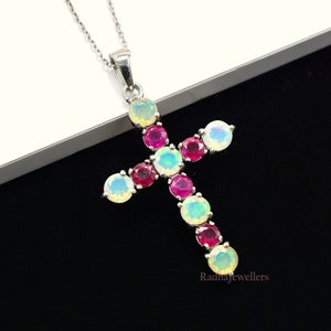 Natural Opal Cut & Ruby Pendant, 925 Sterling Silver, Holy Cross Pendant, October Birthstone, Ruby Jewelry, Wedding Bracelet, Gift For Her