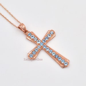 Natürlicher Aquamarin Anhänger, 925 Sterling Silber, Charm Anhänger, Heiliges Kreuz Anhänger, 14K Rosegold Vermeil, März Geburtsstein, Geschenk für Sie