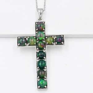 6 MM Natural Ethiopian Welo Fire Black Opal Pendant Necklace, 925 Sterling Silver, Holy Cross Pendant, October Birthstone, Gift For Her