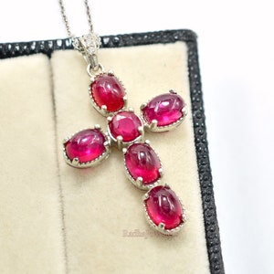 Natural Ruby Cabochon Pendant Necklace, 925 Sterling Silver, July Birthstone, Holy Cross Pendant, Charm Pendant, Women Pendant, Gift For Her
