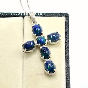 Natural Ethiopian Welo Black Opal Pendant Necklace, 925 Sterling Silver, October Birthstone, Holy Cross Pendant, Bridal Pendant,Gift For Her