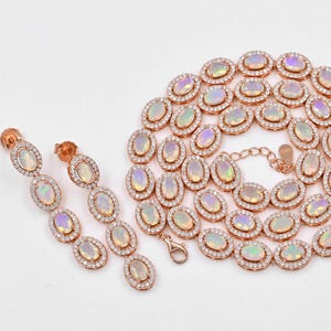 925 Sterling Silver, Natural Ethiopian Opal Cut Chain Necklace With Earring, October Birthstone, Opal Jewelry, Bridal Necklace, Gift For Her