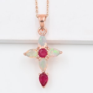 Natural Ruby & Opal Cut Pendant Necklace, 925 Sterling Silver, Holy Cross Pendant, Charm Pendant, October Birthstone, Birthday Gift For Her