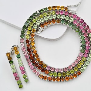 3 MM Rainbow Color Tourmaline Tennis Necklace, Multi Color Necklace, 925 Sterling Silver, October Birthstone, Women Necklace Gift For Her