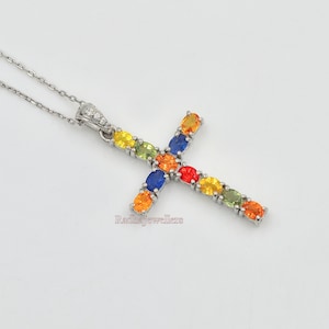 Charm Pendant, Natural Multi Sapphire Pendant Necklace, 925 Sterling Silver, Holy Cross Pendant, September Birthstone, Birthday Gift For Her