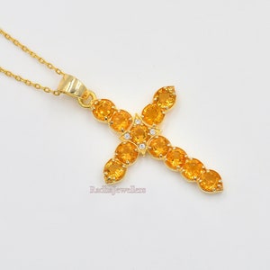 4 mm Round Cut Natural Citrine Pendant Necklace, 925 Sterling Silver, November Birthstone, Holy Cross Pendant, Charm Pendant, Gift For Her