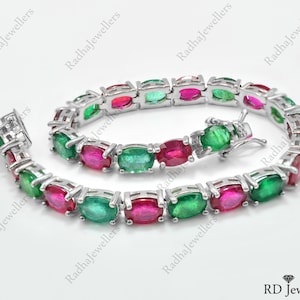Natural Zambian Emerald & Ruby Bracelet, 925 Sterling Silver, Tennis Bracelet, May Birthstone, Ruby Jewelry, Birthday Gift, Gift For Her
