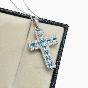 Natural Aquamarine Pendant Necklace, 925 Sterling Silver, Holy Cross Pendant, March Birthstone, Charm Pendant, Christmas Gift, Gift For Her