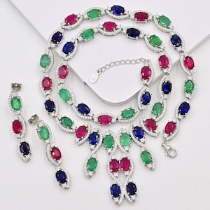 Collar con aretes de rubí natural y granate verde tsavorita de 7 x 5 mm, plata de ley 925, cadena, piedra natal de enero, regalo para ella