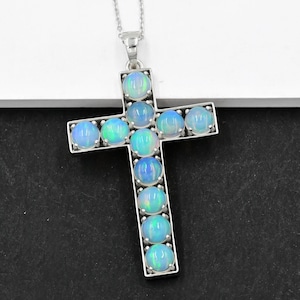 6 MM Oval Natural Ethiopian Welo Opal Cabochon Pendant Necklace, 925 Sterling Silver, Holy Cross Pendant, October Birthstone, Gift For Her