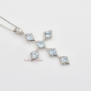 5 MM Natural Aquamarine Pendant Necklace, 925 Sterling Silver, March Birthstone, Holy Cross Pendant, Aquamarine Charm Pendant, Gift For Her