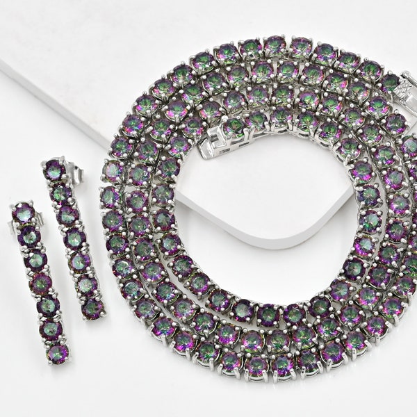 4 mm Round Mystic Topaz Tennis Necklace & Earrings, 925 Sterling Silver, Topaz Jewelry, Wedding Necklace, November Birthstone Christmas Gift