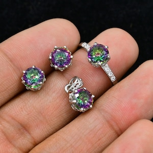 Zestaw biżuterii Rainbow Mystic Topaz, srebro próby 925, zestaw biżuterii z pierścionkiem i kolczykami, kamień urodzinowy listopada, prezent dla niej, prezent na rocznicę