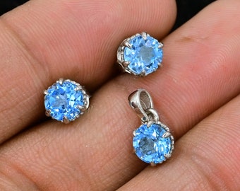 Natural Swiss Blue Topaz Jewelry Set, 925 Sterling Silver, December Birthstone, Blue Topaz Earrings Pendant Jewelry Set, Women Gift For Her