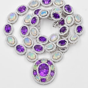 Natural Ethiopian Welo Fire Opal Cut & Amethyst Pendant Chain Necklace With Earring, 925 Sterling Silver, October Birthstone, Gift For Her.