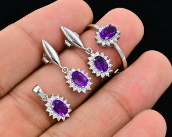 Conjunto de joyas de amatista natural, plata de ley 925, conjunto de joyas con anillo, pendientes y colgante, piedra natal de febrero, conjunto de joyas para novias, regalo para ella