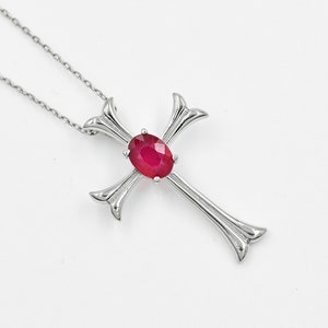 Natural Ruby Pendant Necklace, 925 Sterling Silver, Holy Cross Pendant, July Birthstone, Red Stone Pendant, Anniversary Gift, Gift For Her