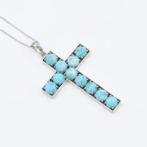 6 MM Round Natural Larimar Pendant Necklace, 925 Sterling Silver, March Birthstone, Holy Cross Pendant, Charm Pendant, Gift For Her Women