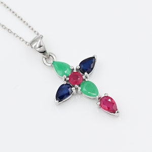 Natural Ruby Emerald Sapphire Pendant Necklace, 925 Sterling Silver, Holy Cross Pendant, Charm Pendant, Gift For Girlfriend, Gift For Her